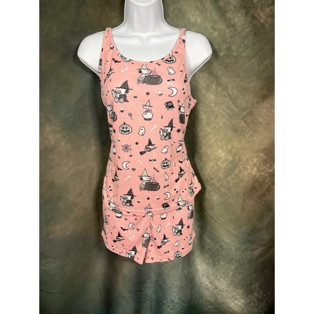 Munki Munki Peanuts Snoopy Halloween Pajama Set Pink Witch Print Large